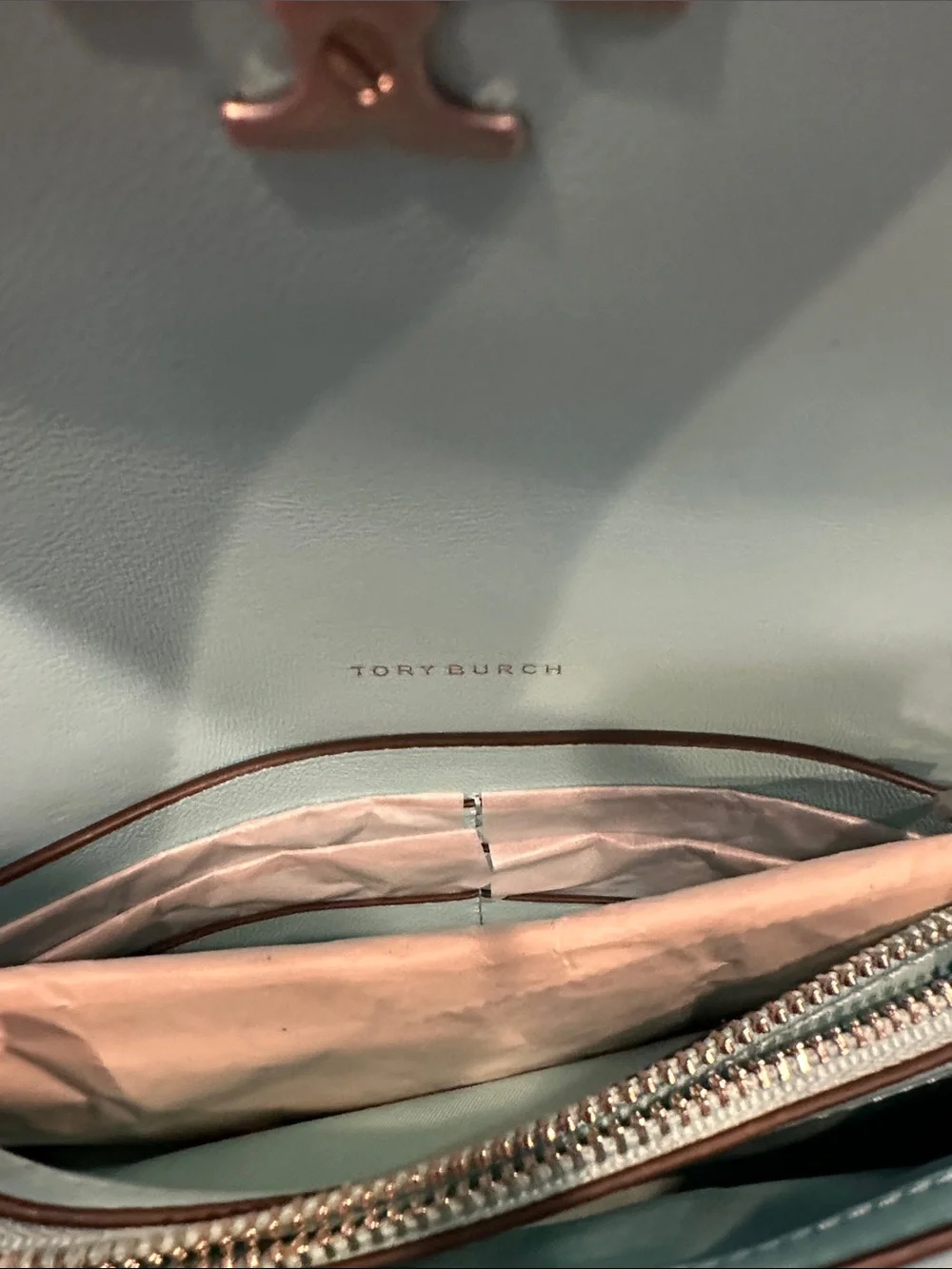 Tory Burch Kira Chevron Crossbody Chain Wallet WOC Light Celeste NWOT